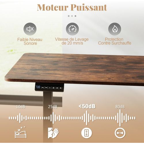Bureau Assis Debout Électrique, 120 X 60 Cm ，hauteur Réglable ，3 Mémoires, Marron Rustique