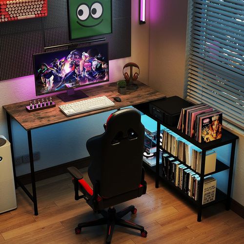 Bureau Angle Réversible 135x120cm, Étagères Rangement, Style Industriel ,brun Rustique