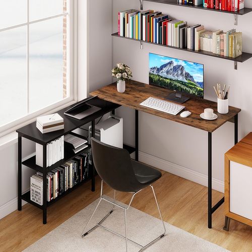 Bureau Angle Réversible 135x120cm, Étagères Rangement, Style Industriel ,brun Rustique