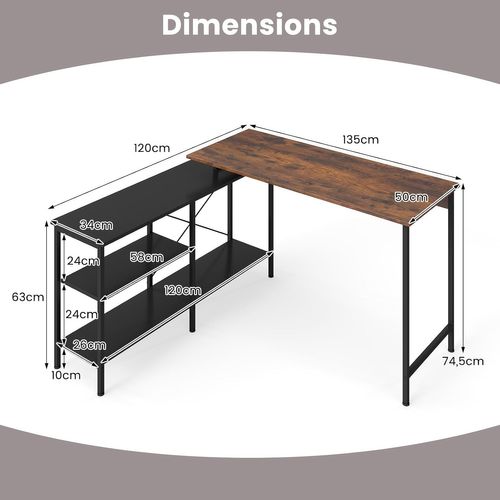 Bureau Angle Réversible 135x120cm, Étagères Rangement, Style Industriel ,brun Rustique