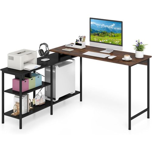 Bureau Angle Réversible 135x120cm, Étagères Rangement, Style Industriel ,brun Rustique