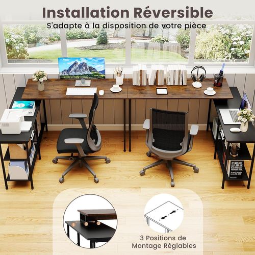 Bureau Angle Réversible 135x120cm, Étagères Rangement, Style Industriel ,brun Rustique