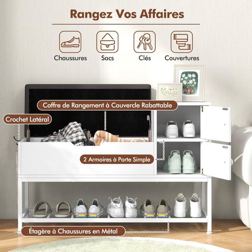 Banc Chaussures Entrée 100x30x68cm, Siège Rabattable, 2 Armoires, Étagère Métal,blanc