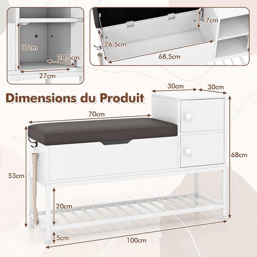 Banc Chaussures Entrée 100x30x68cm, Siège Rabattable, 2 Armoires, Étagère Métal,blanc