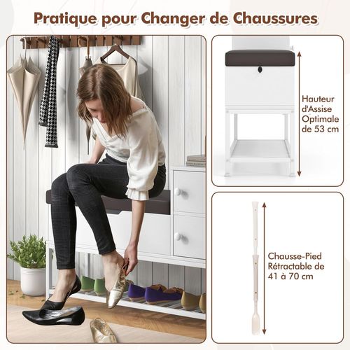 Banc Chaussures Entrée 100x30x68cm, Siège Rabattable, 2 Armoires, Étagère Métal,blanc