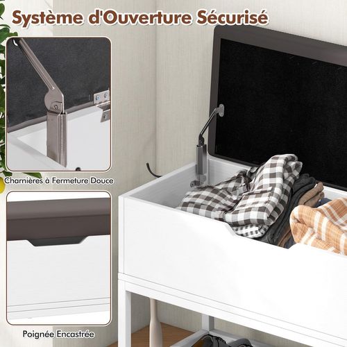Banc Chaussures Entrée 100x30x68cm, Siège Rabattable, 2 Armoires, Étagère Métal,blanc