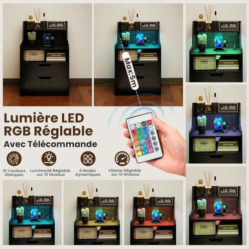 Table De Chevet LED Avec Prise Intégrée, USB, Type-c, 2 Tiroirs, 45x35x72.5cm ,noir