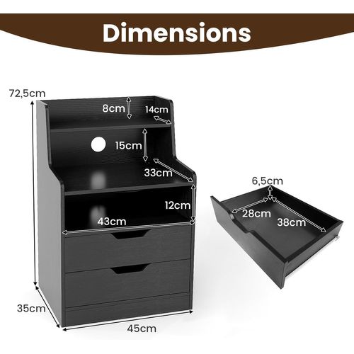 Table De Chevet LED Avec Prise Intégrée, USB, Type-c, 2 Tiroirs, 45x35x72.5cm ,noir