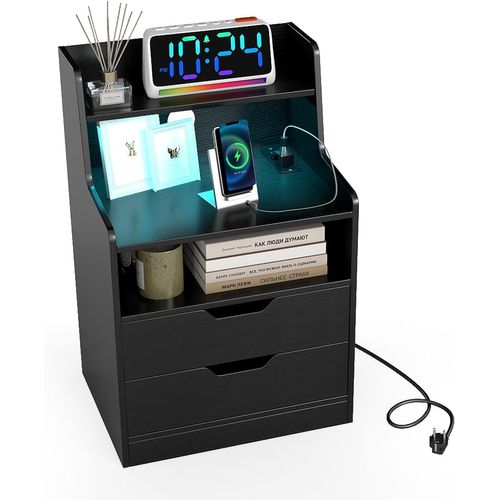 Table De Chevet LED Avec Prise Intégrée, USB, Type-c, 2 Tiroirs, 45x35x72.5cm ,noir