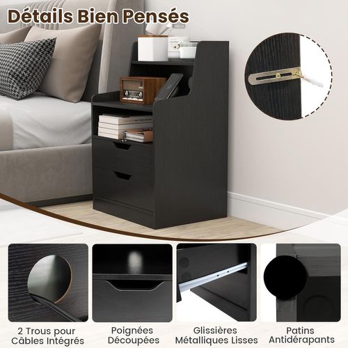 Table De Chevet LED Avec Prise Intégrée, USB, Type-c, 2 Tiroirs, 45x35x72.5cm ,noir