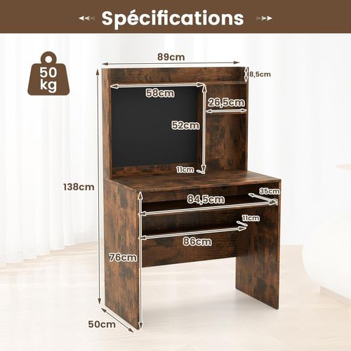 Bureau Avec Tableau Magnétique 89x50x138cm, Plateau Clavier, Étagère Réglable ,marron