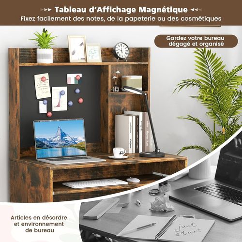 Bureau Avec Tableau Magnétique 89x50x138cm, Plateau Clavier, Étagère Réglable ,marron