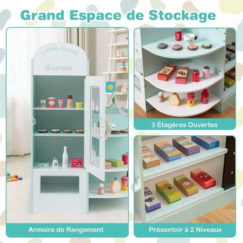 Épicerie Enfant Bois 89x57x88cm, 15 Accessoires, Distributeur Auto, Caisse ,vert Menthe