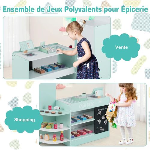 Épicerie Enfant Bois 89x57x88cm, 15 Accessoires, Distributeur Auto, Caisse ,vert Menthe