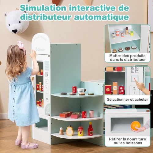 Épicerie Enfant Bois 89x57x88cm, 15 Accessoires, Distributeur Auto, Caisse ,vert Menthe