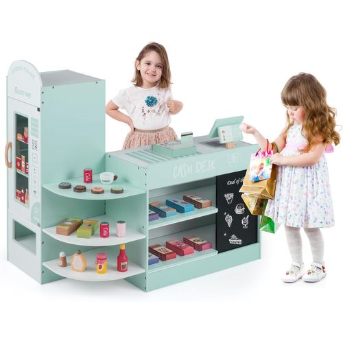 Épicerie Enfant Bois 89x57x88cm, 15 Accessoires, Distributeur Auto, Caisse ,vert Menthe