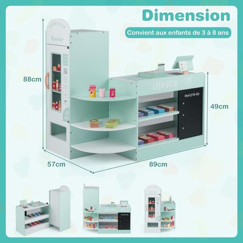 Épicerie Enfant Bois 89x57x88cm, 15 Accessoires, Distributeur Auto, Caisse ,vert Menthe