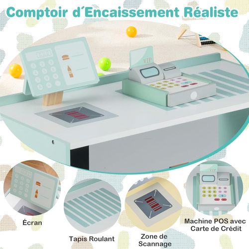 Épicerie Enfant Bois 89x57x88cm, 15 Accessoires, Distributeur Auto, Caisse ,vert Menthe