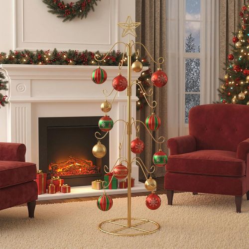 Sapin De Noël Artificiel Métal 121cm, 16 Crochets, Étoile Sommet, Décoration (doré)