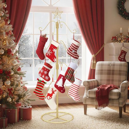 Sapin De Noël Artificiel Métal 121cm, 16 Crochets, Étoile Sommet, Décoration (doré)