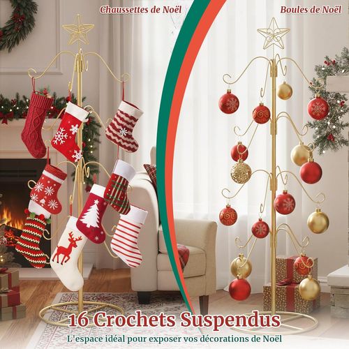 Sapin De Noël Artificiel Métal 121cm, 16 Crochets, Étoile Sommet, Décoration (doré)