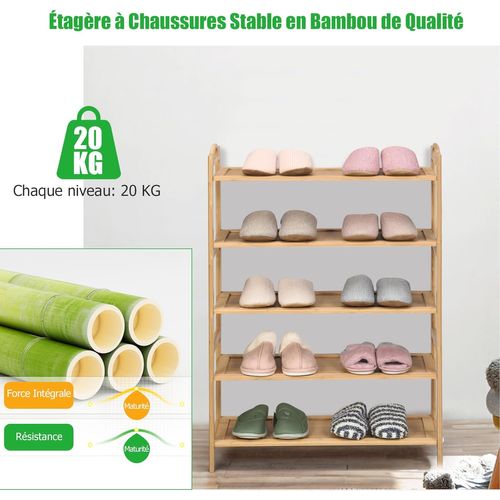 Étagère Chaussures Bambou 5 Niveaux Pour 15 Paires, Charge 20kg Par Niveau, Naturel