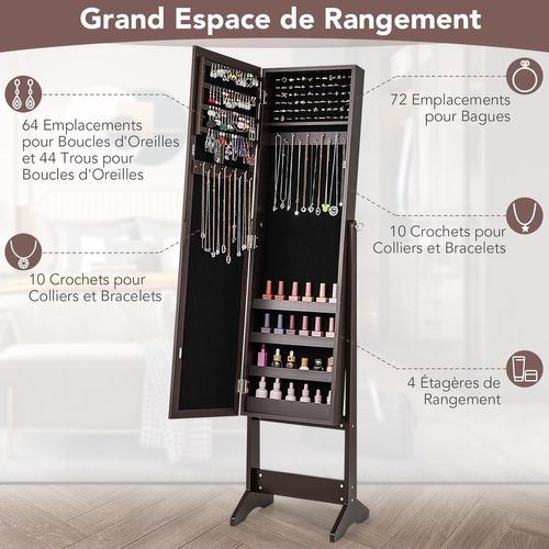 Armoire à Bijoux Sur Pied 35x30x144cm, Miroir Psyché, 3 Positions Réglables ,café