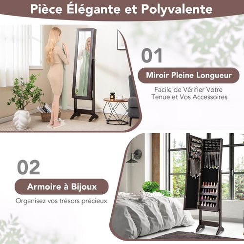 Armoire à Bijoux Sur Pied 35x30x144cm, Miroir Psyché, 3 Positions Réglables ,café