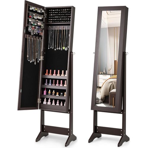 Armoire à Bijoux Sur Pied 35x30x144cm, Miroir Psyché, 3 Positions Réglables ,café
