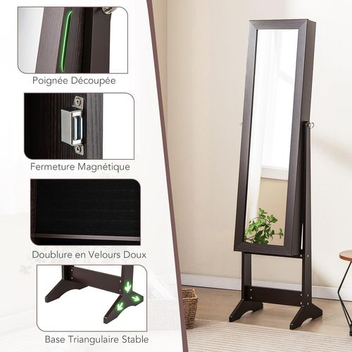 Armoire à Bijoux Sur Pied 35x30x144cm, Miroir Psyché, 3 Positions Réglables ,café
