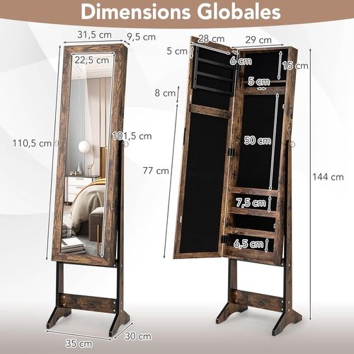Armoire à Bijoux Sur Pied 35x30x144cm, Miroir Psyché, 3 Positions Réglables ,industriel
