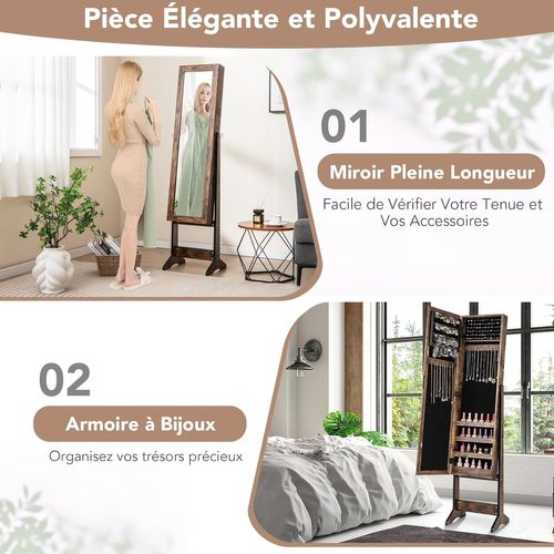 Armoire à Bijoux Sur Pied 35x30x144cm, Miroir Psyché, 3 Positions Réglables ,industriel