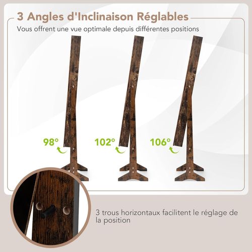 Armoire à Bijoux Sur Pied 35x30x144cm, Miroir Psyché, 3 Positions Réglables ,industriel