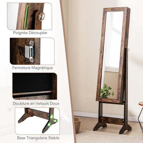 Armoire à Bijoux Sur Pied 35x30x144cm, Miroir Psyché, 3 Positions Réglables ,industriel