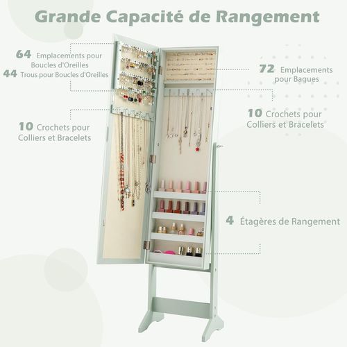 Armoire à Bijoux Sur Pied 35x30x144cm, Miroir Psyché, 3 Positions Réglables ,vert Clair