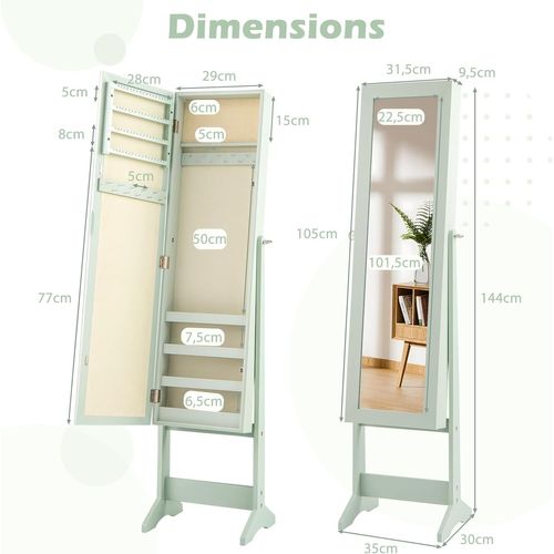 Armoire à Bijoux Sur Pied 35x30x144cm, Miroir Psyché, 3 Positions Réglables ,vert Clair