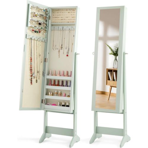 Armoire à Bijoux Sur Pied 35x30x144cm, Miroir Psyché, 3 Positions Réglables ,vert Clair