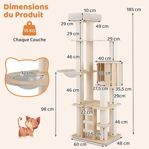 Arbre à Chat XXL 60x48x185cm, 3 Plateformes, Capsule, Condo, Échelle, Coussins Lavables