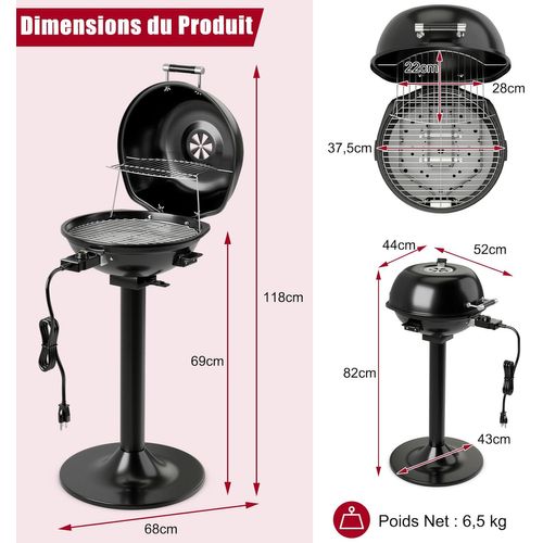 Barbecue Électrique 1600w Extérieur,grille Amovible Antiadhésive,température Réglable,noir