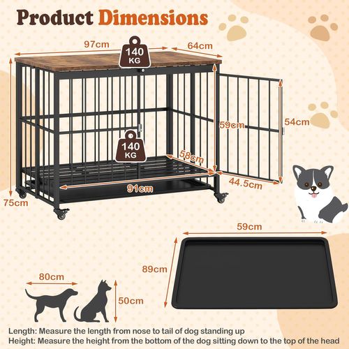 Cage Pour Chien Pliable 97 X 64 X 75cm à Roulettes, Plateau Amovible, Charge 140kg,noir