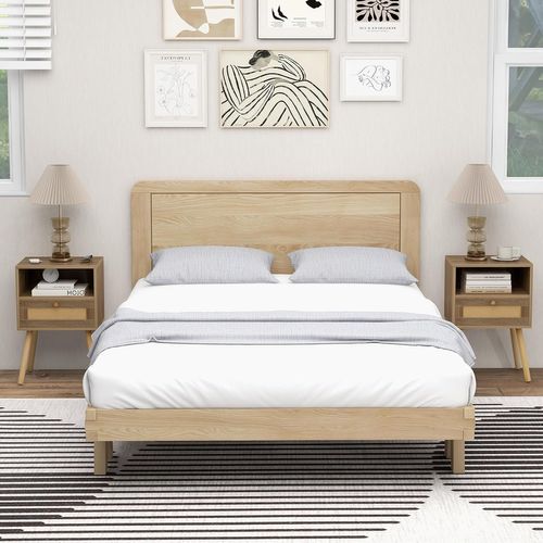 Table De Nuit En Rotin Naturel 40x30x61cm Avec Tiroir, Design Cannage Bohème, Naturel