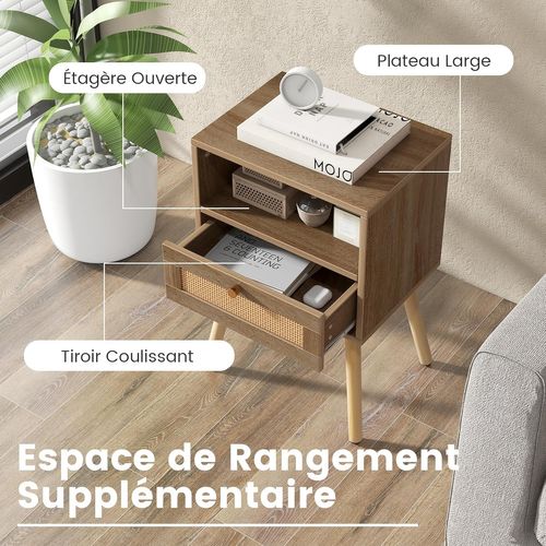 Table De Nuit En Rotin Naturel 40x30x61cm Avec Tiroir, Design Cannage Bohème, Naturel