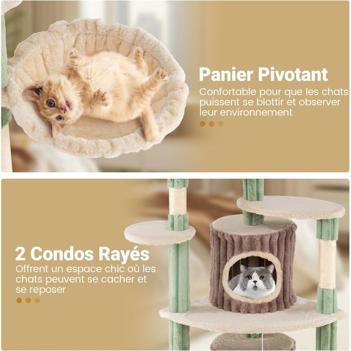 Arbre à Chat XXL 77.5x68x163cm, Panier Rotatif, 2 Condos, 7 Plateformes,sisal,vert+marron