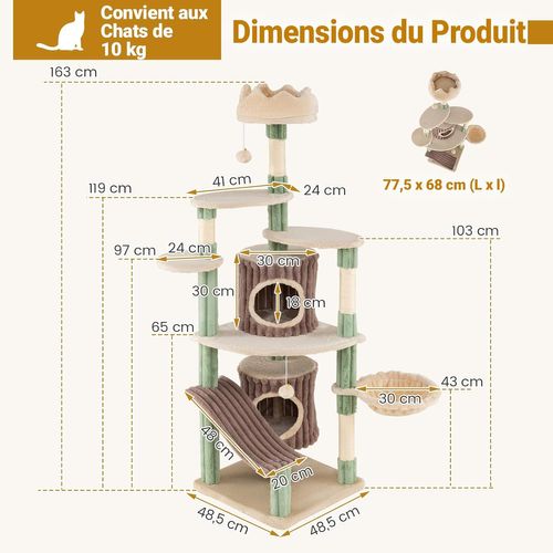 Arbre à Chat XXL 77.5x68x163cm, Panier Rotatif, 2 Condos, 7 Plateformes,sisal,vert+marron