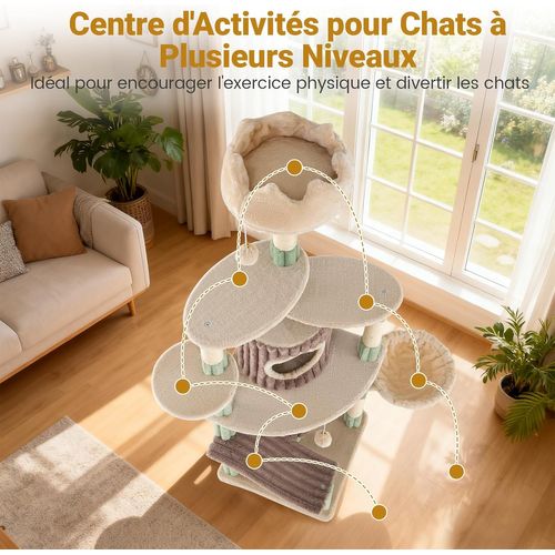 Arbre à Chat XXL 77.5x68x163cm, Panier Rotatif, 2 Condos, 7 Plateformes,sisal,vert+marron