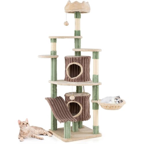 Arbre à Chat XXL 77.5x68x163cm, Panier Rotatif, 2 Condos, 7 Plateformes,sisal,vert+marron