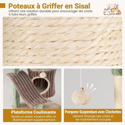 Arbre à Chat XXL 77.5x68x163cm, Panier Rotatif, 2 Condos, 7 Plateformes,sisal,vert+marron