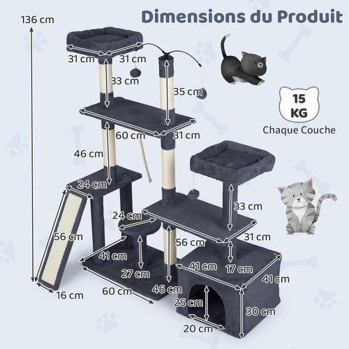 Arbre à Chat XXL Rotatif 121x70x136cm, 7 Plateformes, Condo, Sisal, Pompons ,gris Foncé