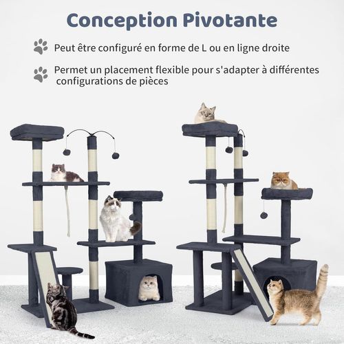 Arbre à Chat XXL Rotatif 121x70x136cm, 7 Plateformes, Condo, Sisal, Pompons ,gris Foncé