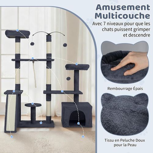 Arbre à Chat XXL Rotatif 121x70x136cm, 7 Plateformes, Condo, Sisal, Pompons ,gris Foncé